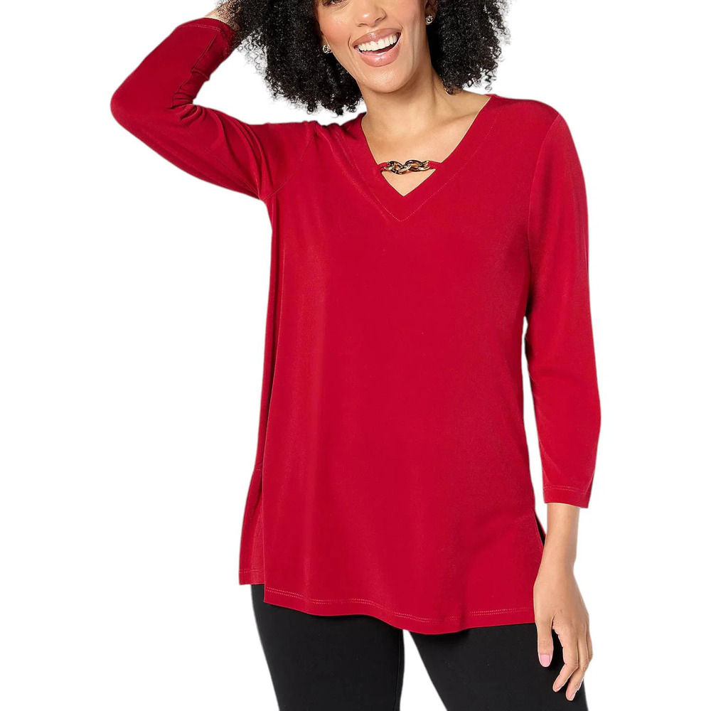 Susan Graver Women's Liquid Knit A-Line Tunic w/ Chain Detail Red - Regular
